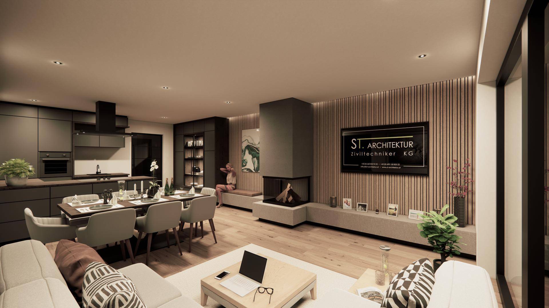 Geräumiger offener Wohn-Essbereich mit integrierter Küche, Kamin und Holzakzenten.