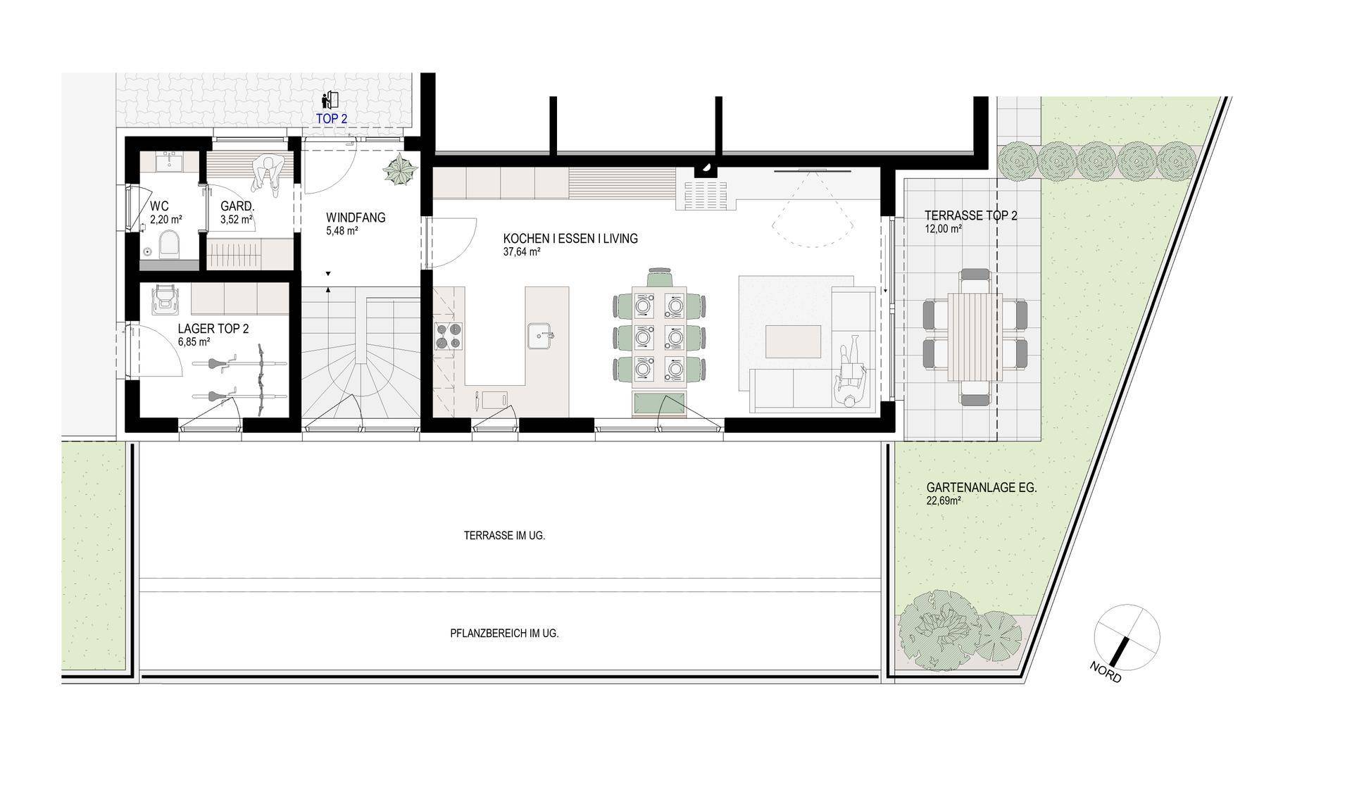 Grundriss des Erdgeschosses mit offenem Wohn-Essbereich, Küche, Terrasse und Gartenanlage.