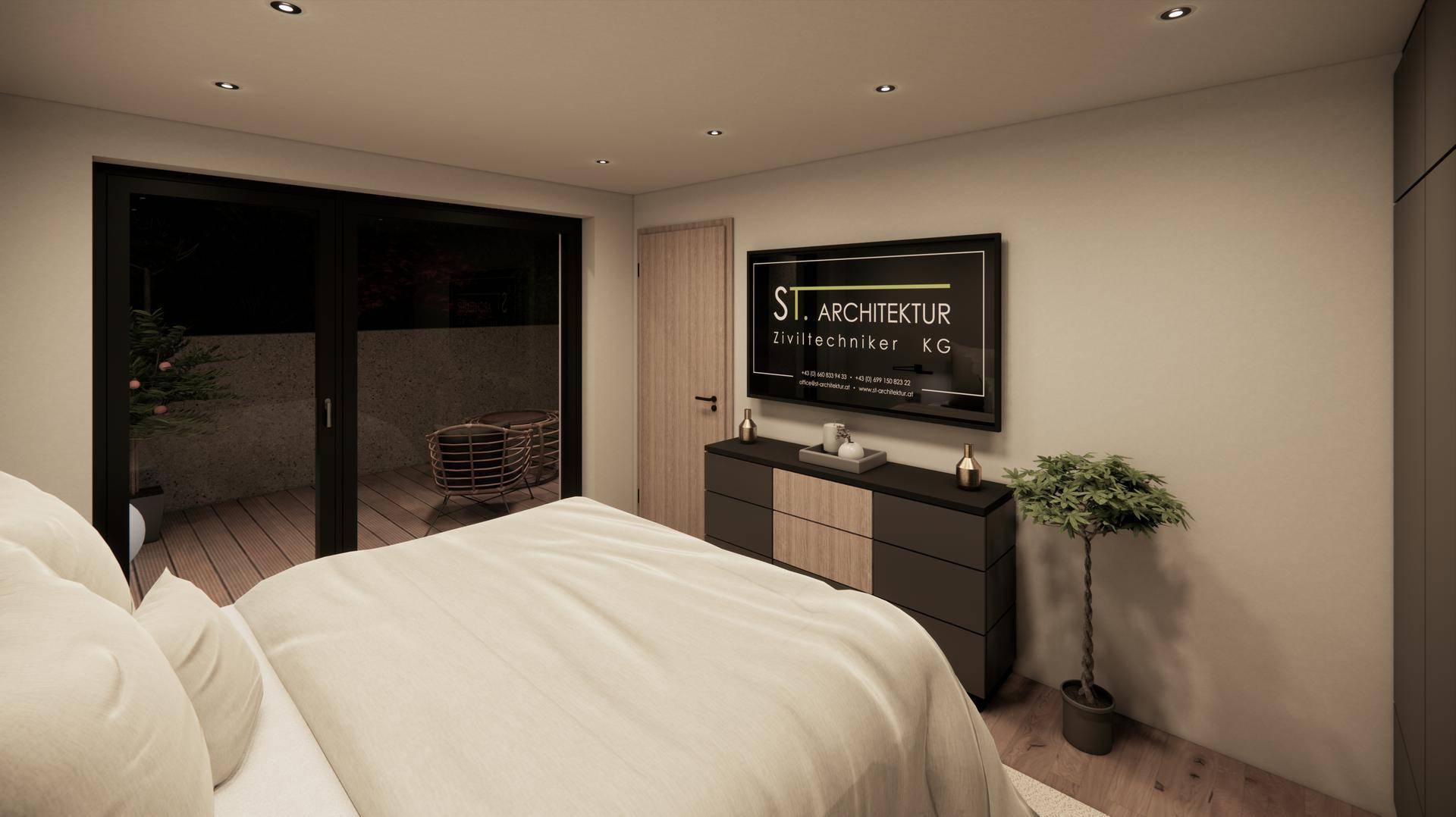 Helles Schlafzimmer mit Holzboden, direktem Zugang zum Balkon und moderner Einrichtung.