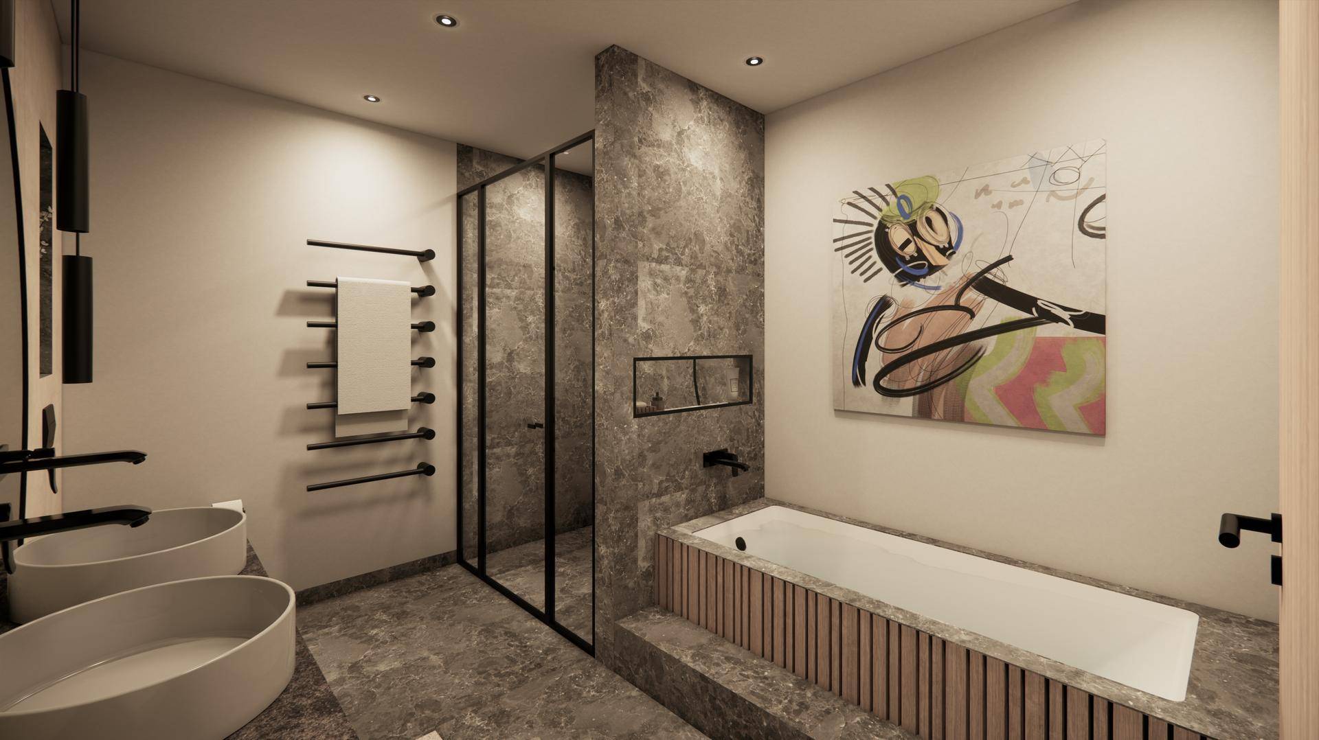 Modernes Badezimmer mit Doppelwaschbecken, begehbarer Dusche und Badewanne mit Holzverkleidung.