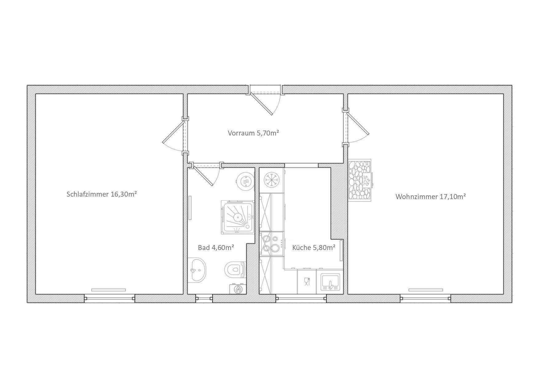 Grundriss der Wohnung mit Schlafzimmer, Bad, Küche, Vorraum und Wohnzimmer.