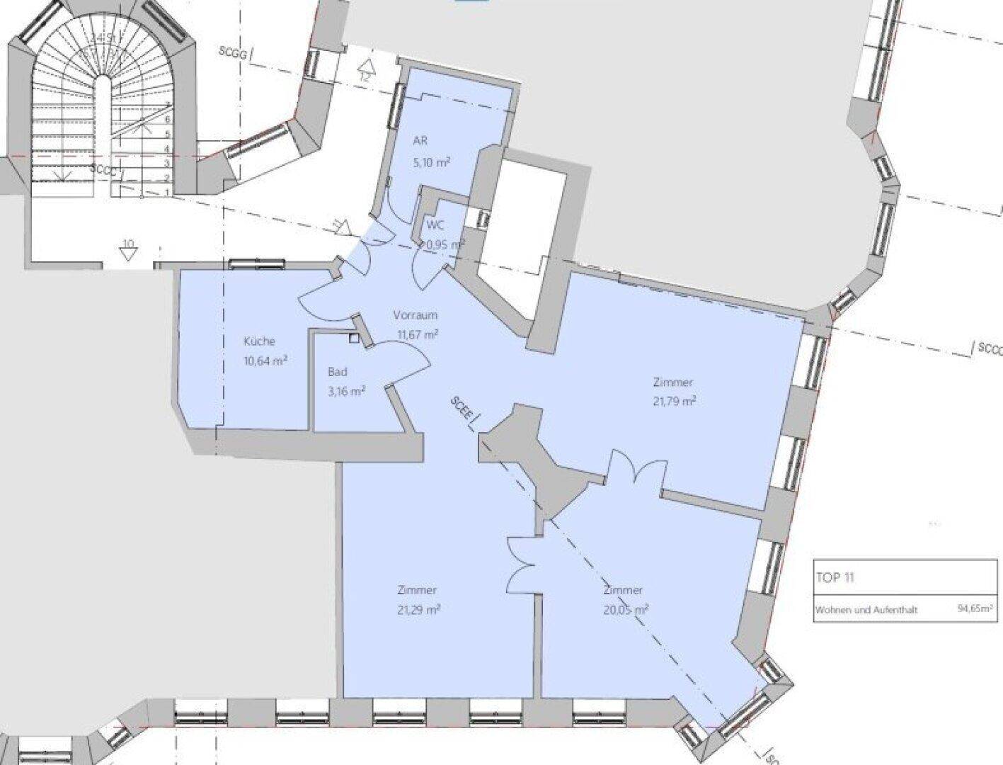 Grundriss der Wohnung mit Küche, Bad, WC und drei Zimmern, inklusive Flächenangaben.