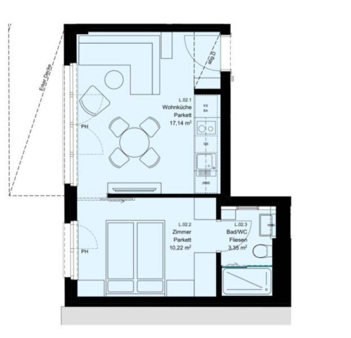 Grundriss einer Wohnung mit Wohnküche, Schlafzimmer und Badezimmer, inklusive Flächenangaben.