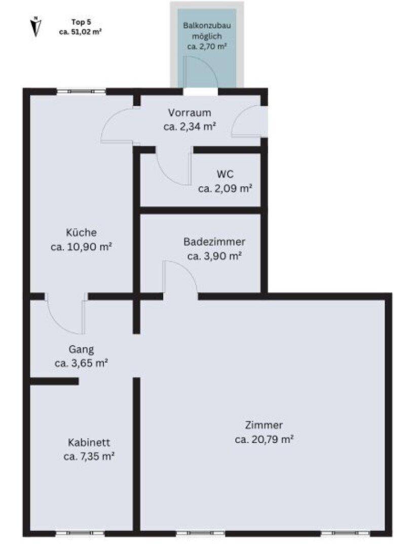 Grundriss der Wohnung Top 5 mit ca. 51,02 m² und Option für einen Balkon.