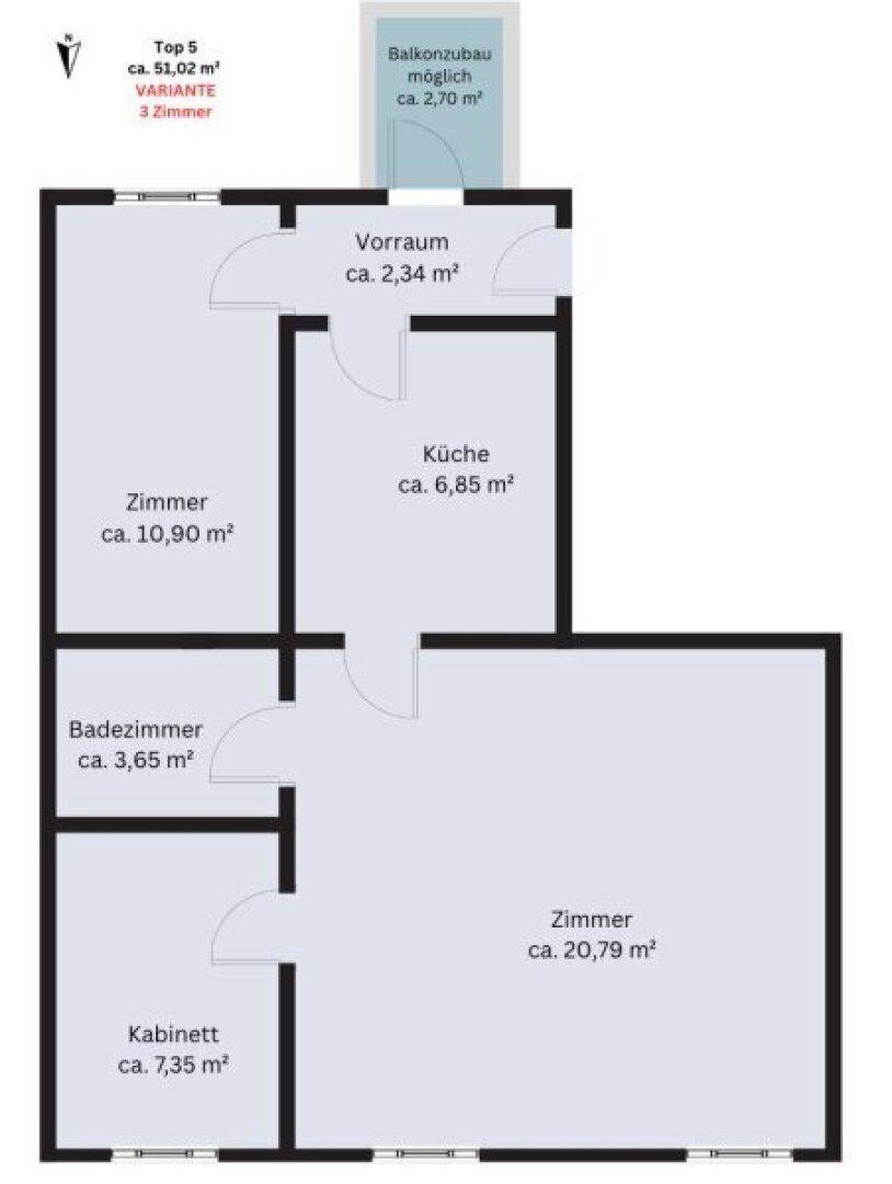 Alternativer Grundriss der Wohnung Top 5 mit drei Zimmern und Balkonoption.