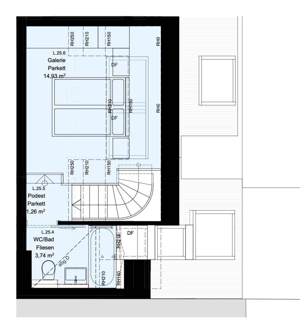 Grundriss der oberen Ebene mit Galerie, Schlafbereich und Badezimmer.