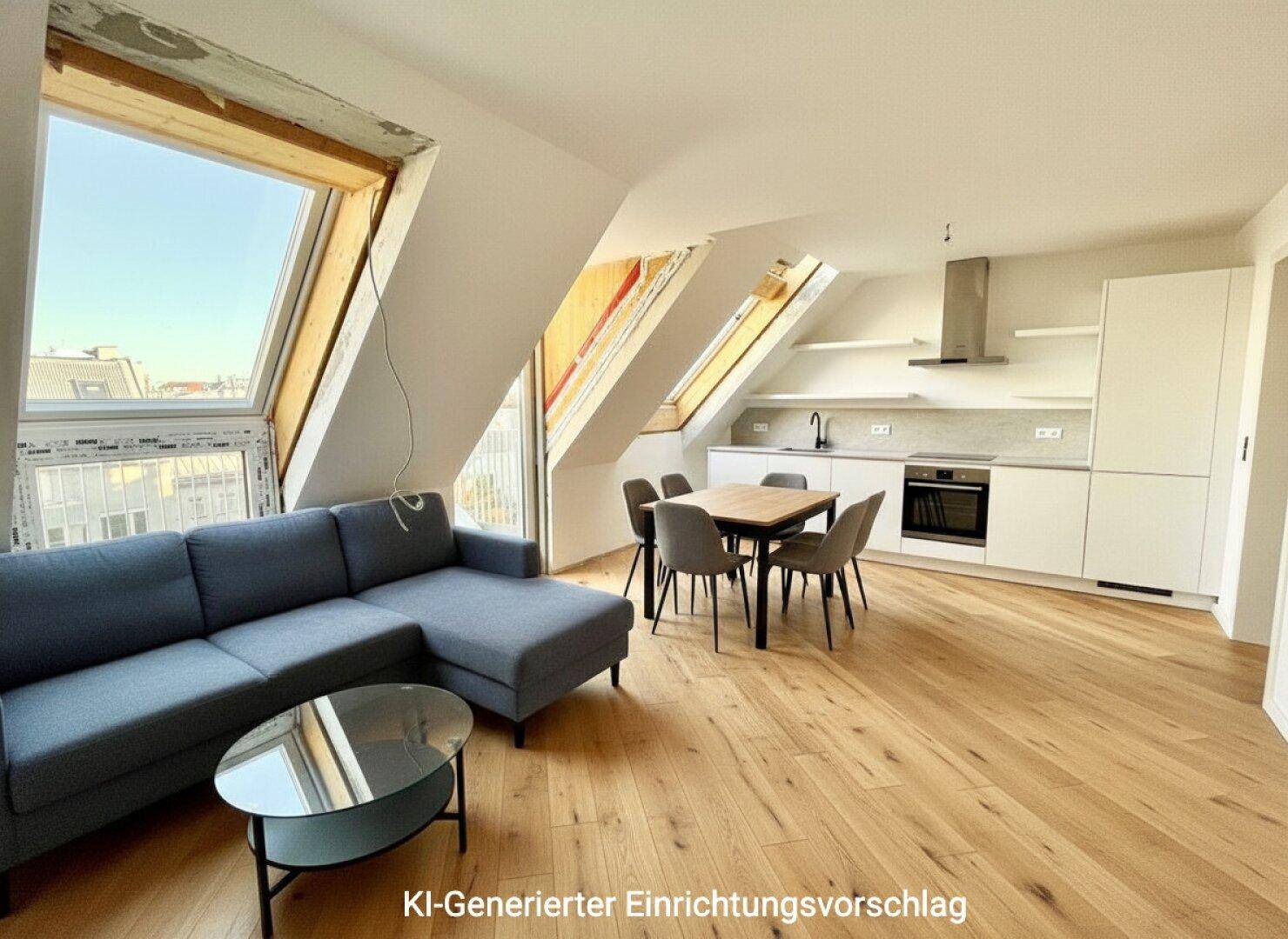 Modern eingerichteter offener Wohnbereich mit Küche, Holzboden und großen Dachfenstern.