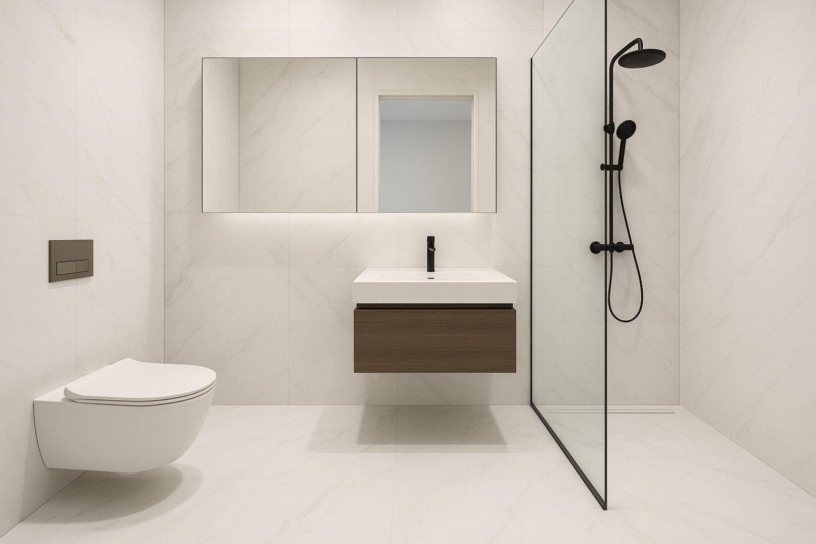 Modernes Badezimmer mit weißen Fliesen, schwebendem Waschtisch und ebenerdiger Dusche.