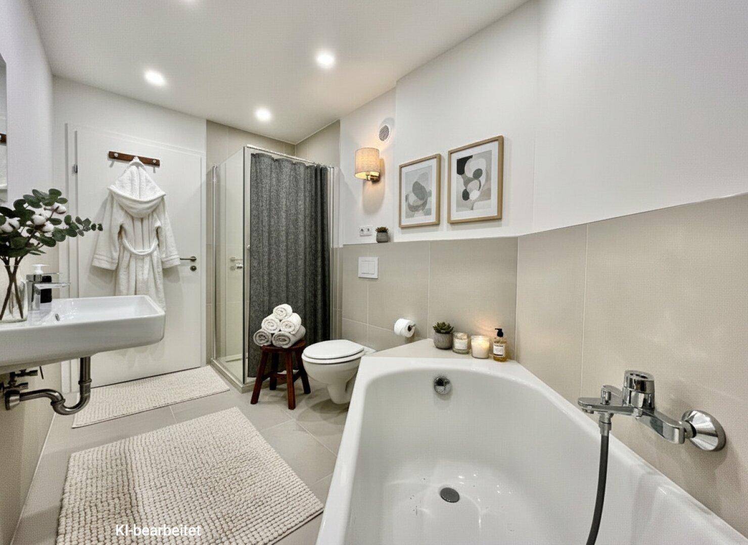 Modernes Badezimmer mit Eckbadewanne, Dusche und hellen Fliesen.