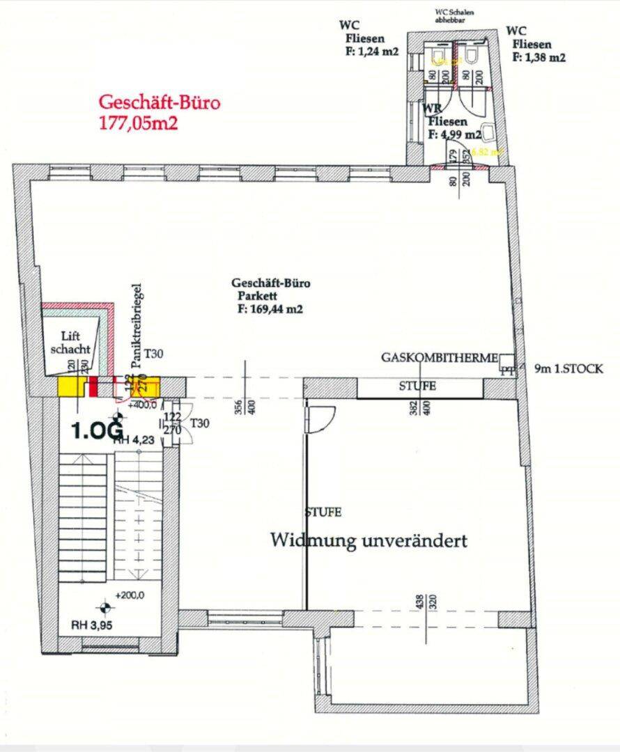Grundriss des Geschäftsbüros mit Toiletten, Aufzug und Treppenhaus.