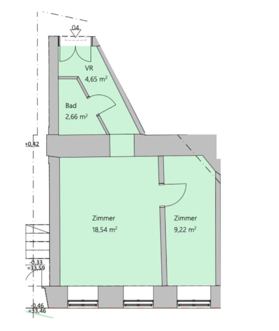 Grundriss zeigt zwei Zimmer, ein Bad und einen Eingangsbereich mit Flächenangaben.