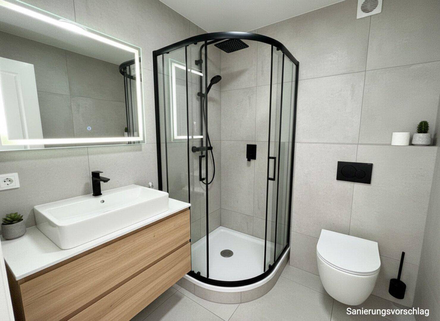 Modernes Badezimmer mit grauen Fliesen, begehbarer Dusche und stilvollem Holzwaschtisch.