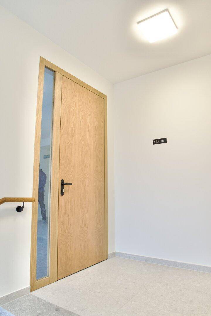 Moderner Eingangsbereich mit Holztür und seitlichem Glaselement, ergänzt durch einen Handlauf an der Wand.