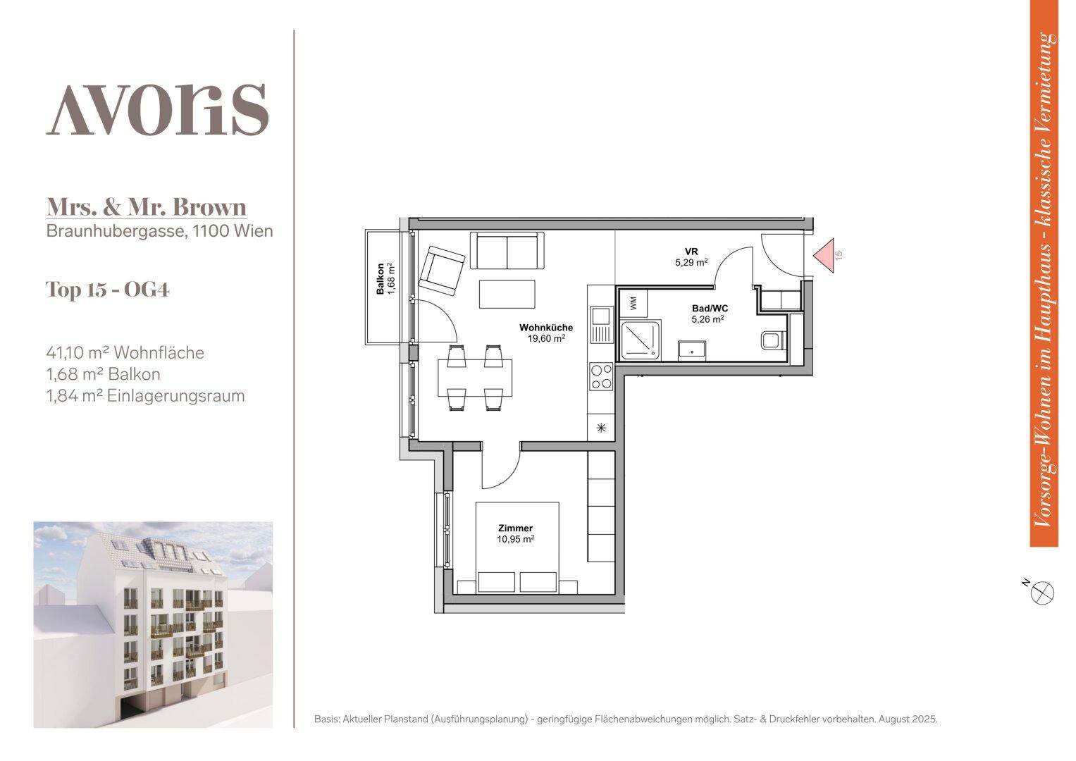 Grundriss einer Wohnung mit offener Wohnküche, Schlafzimmer, Bad und separatem WC sowie Balkon.