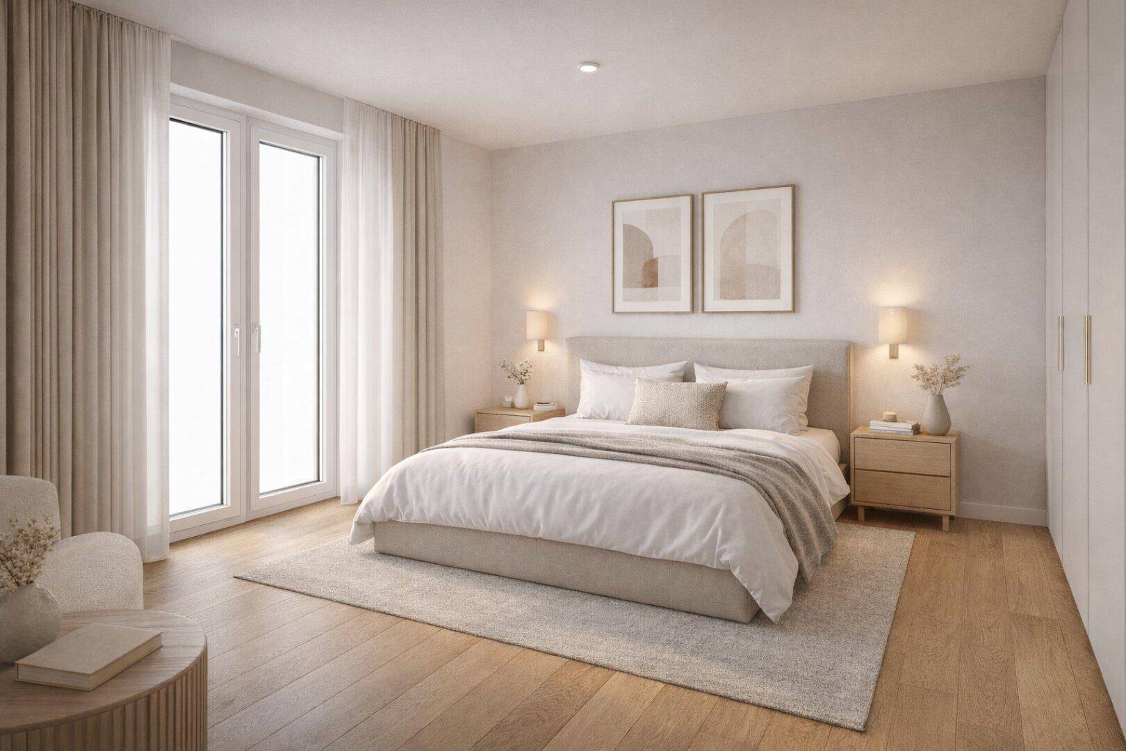 Modernes Schlafzimmer mit hellem Holzfußboden, großen Fenstern und integriertem Kleiderschrank.