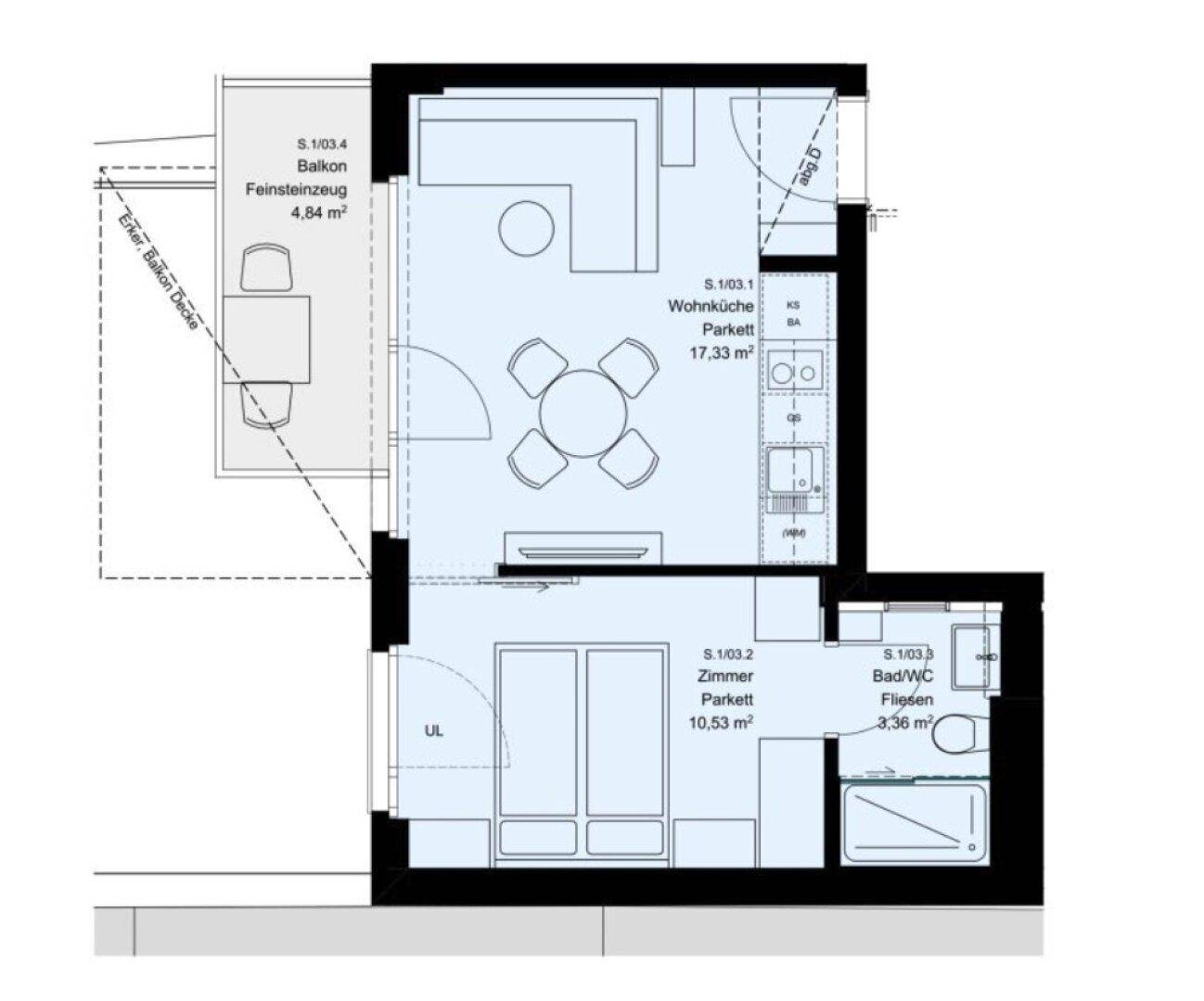 Grundriss einer effizienten Wohnung mit Wohnküche, Schlafzimmer, Bad und Balkon.