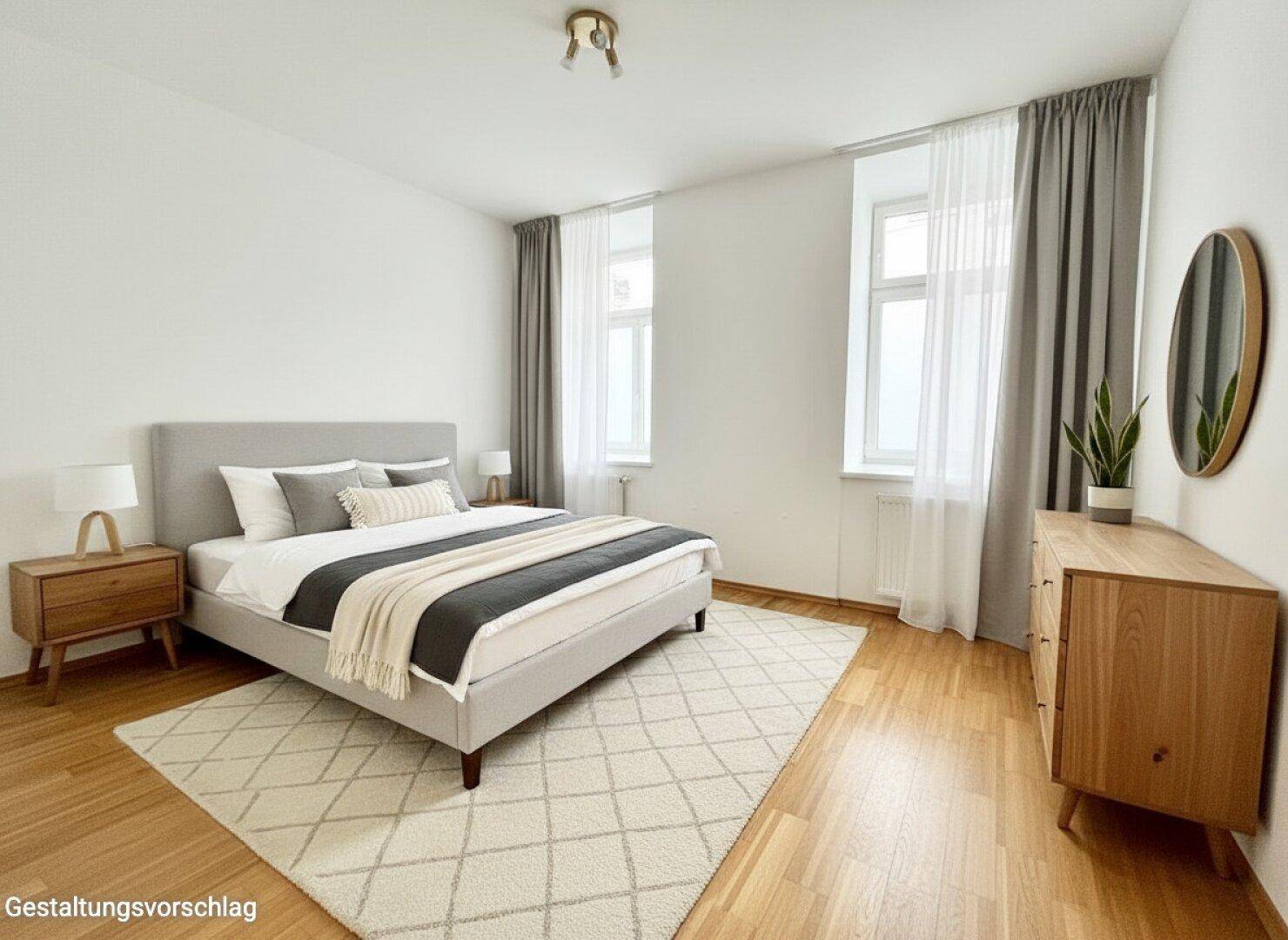 Gemütliches Schlafzimmer mit hellem Holzboden, modernem Bett und stilvollen Holzmöbeln.