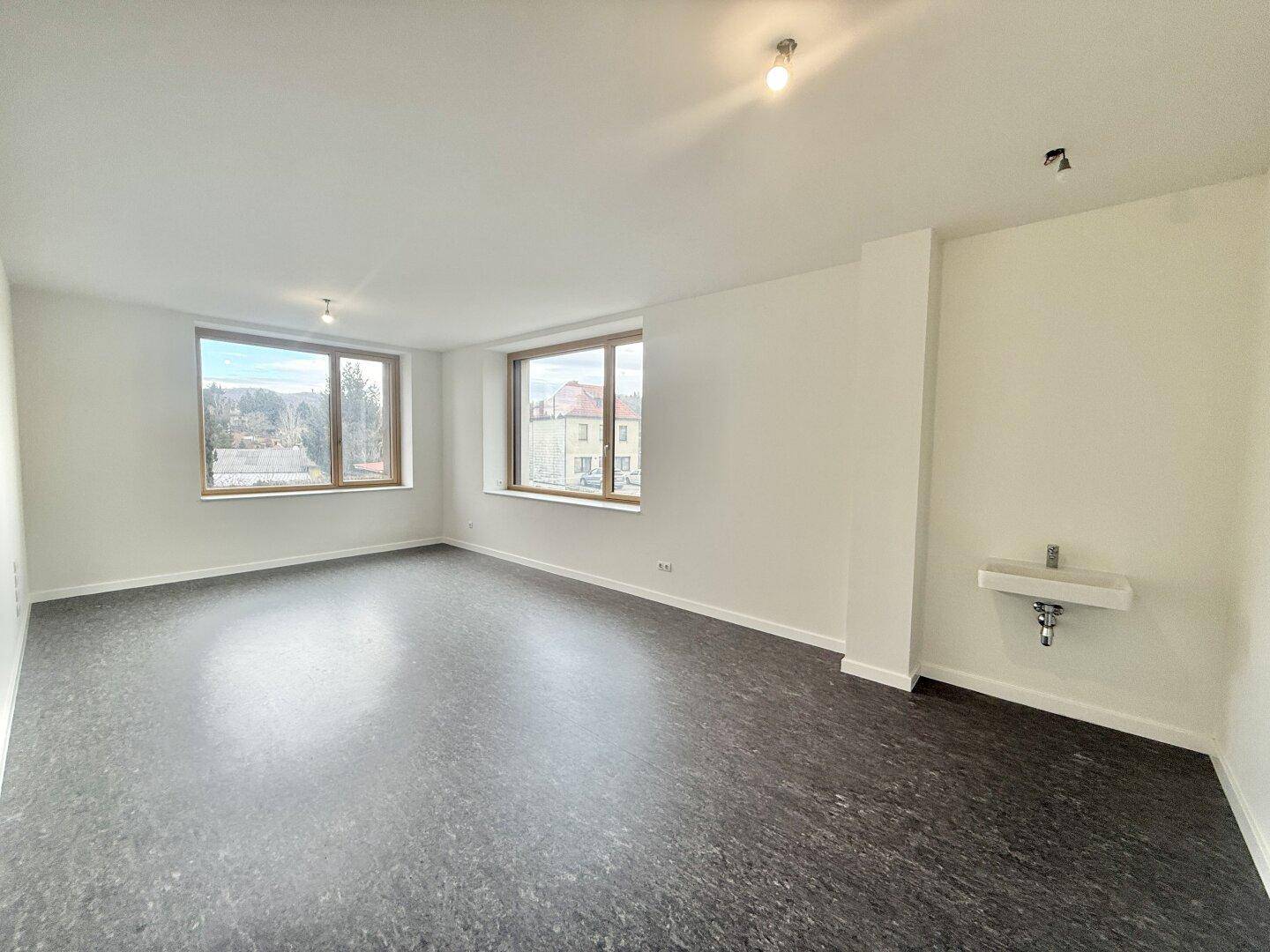 Heller, leerer Raum mit zwei großen Fenstern, Waschbecken und dunklem Vinylboden.
