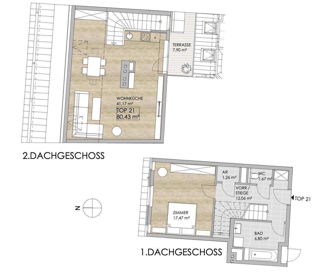 Grundrisspläne für zwei Dachgeschossebenen mit Wohnküche, Zimmern, Bad und Terrasse.