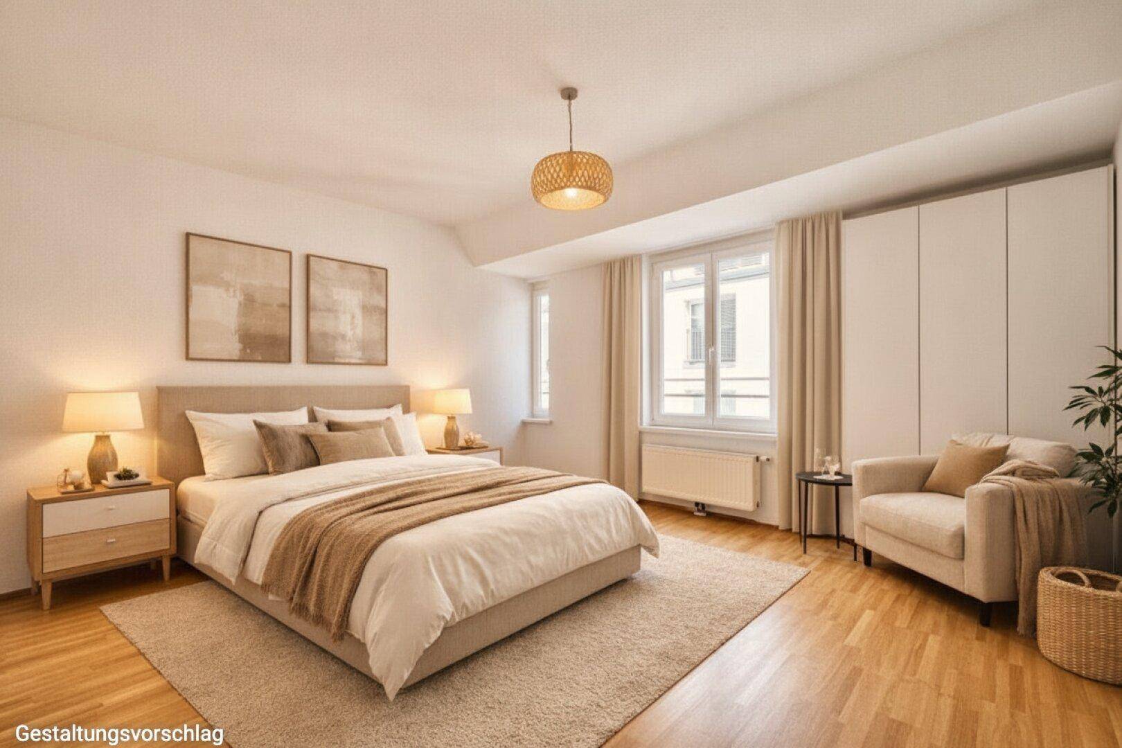 Gemütliches Schlafzimmer mit Doppelbett, Einbauschränken und hellem Holzfußboden.