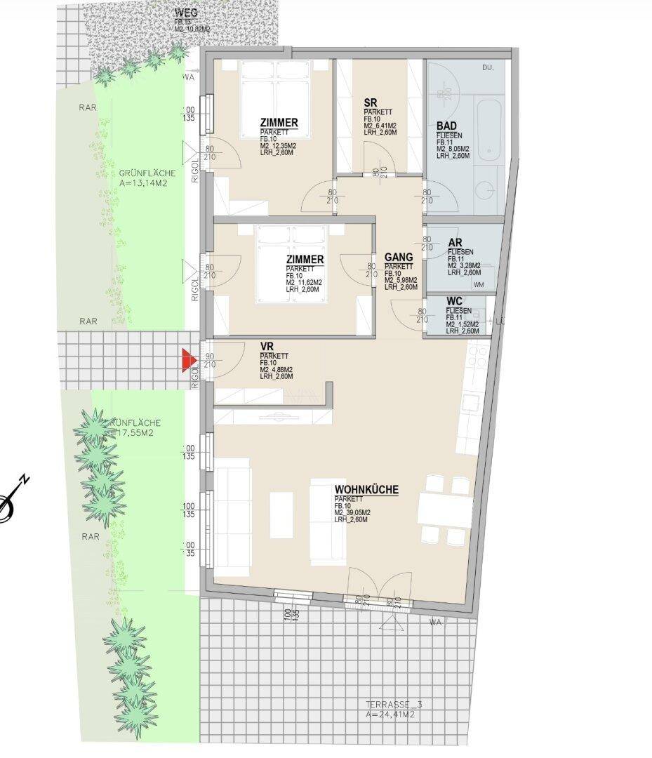 Detaillierter Grundriss einer Wohnung mit drei Zimmern, Wohnküche und großer Terrasse.