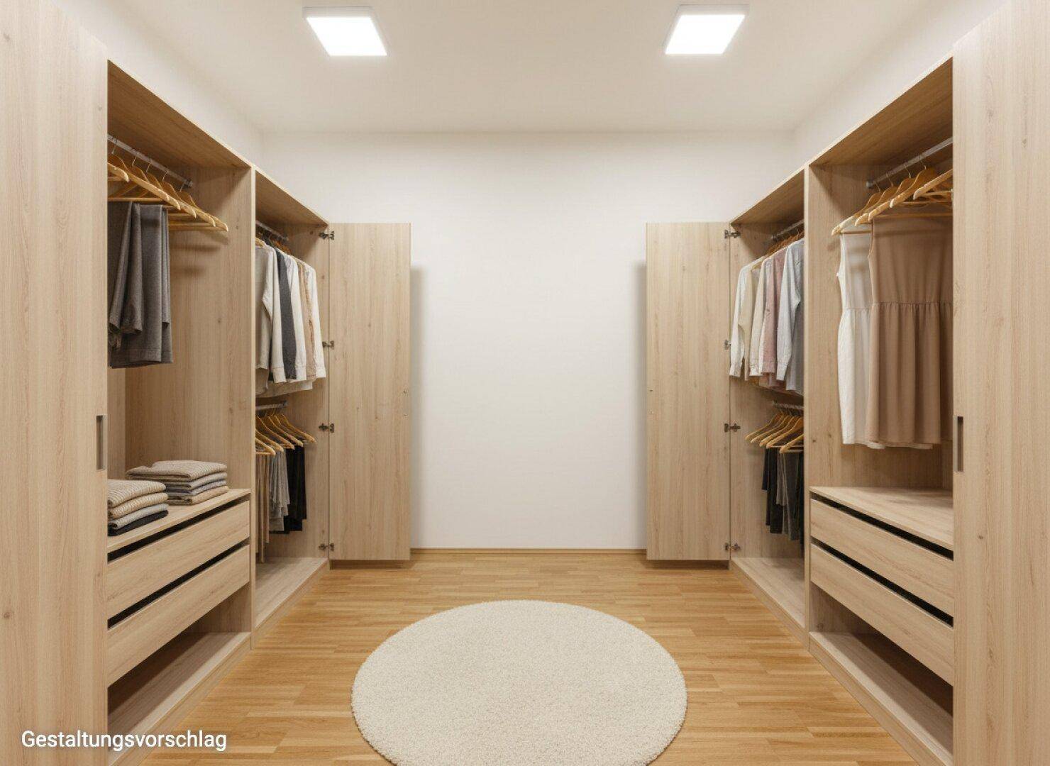 Geräumiger begehbarer Kleiderschrank mit hellen Holzschränken und ausreichend Platz.