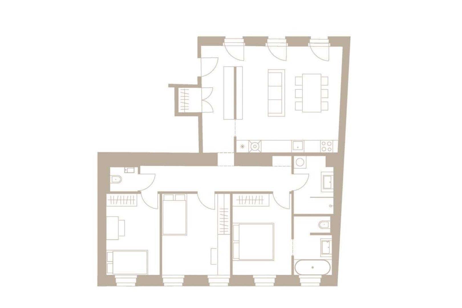Grundriss einer Wohnung mit drei Schlafzimmern, offenem Wohnbereich und zwei Bädern.