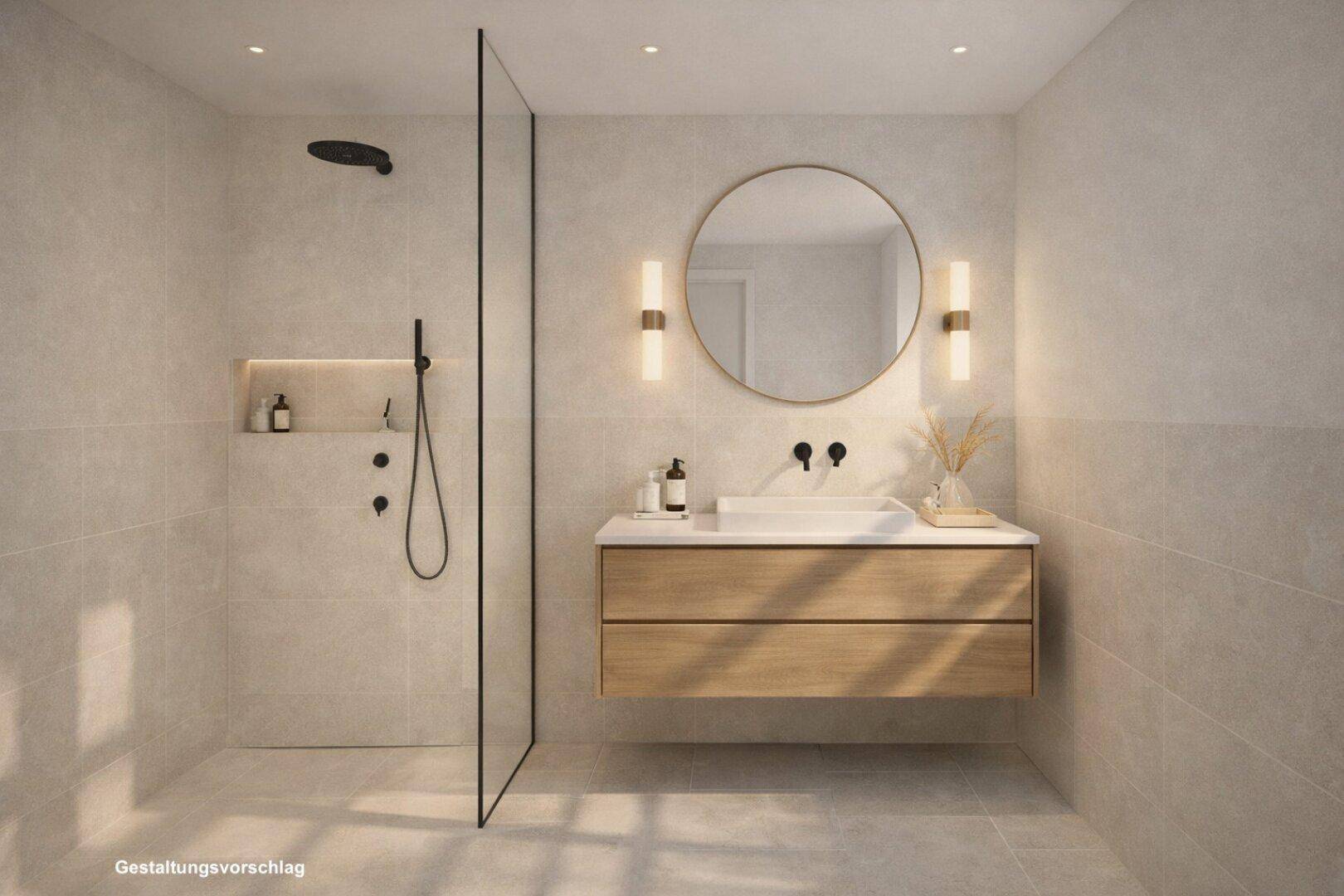 Modernes Badezimmer mit begehbarer Dusche, runden Spiegel und eleganten Wandleuchten.