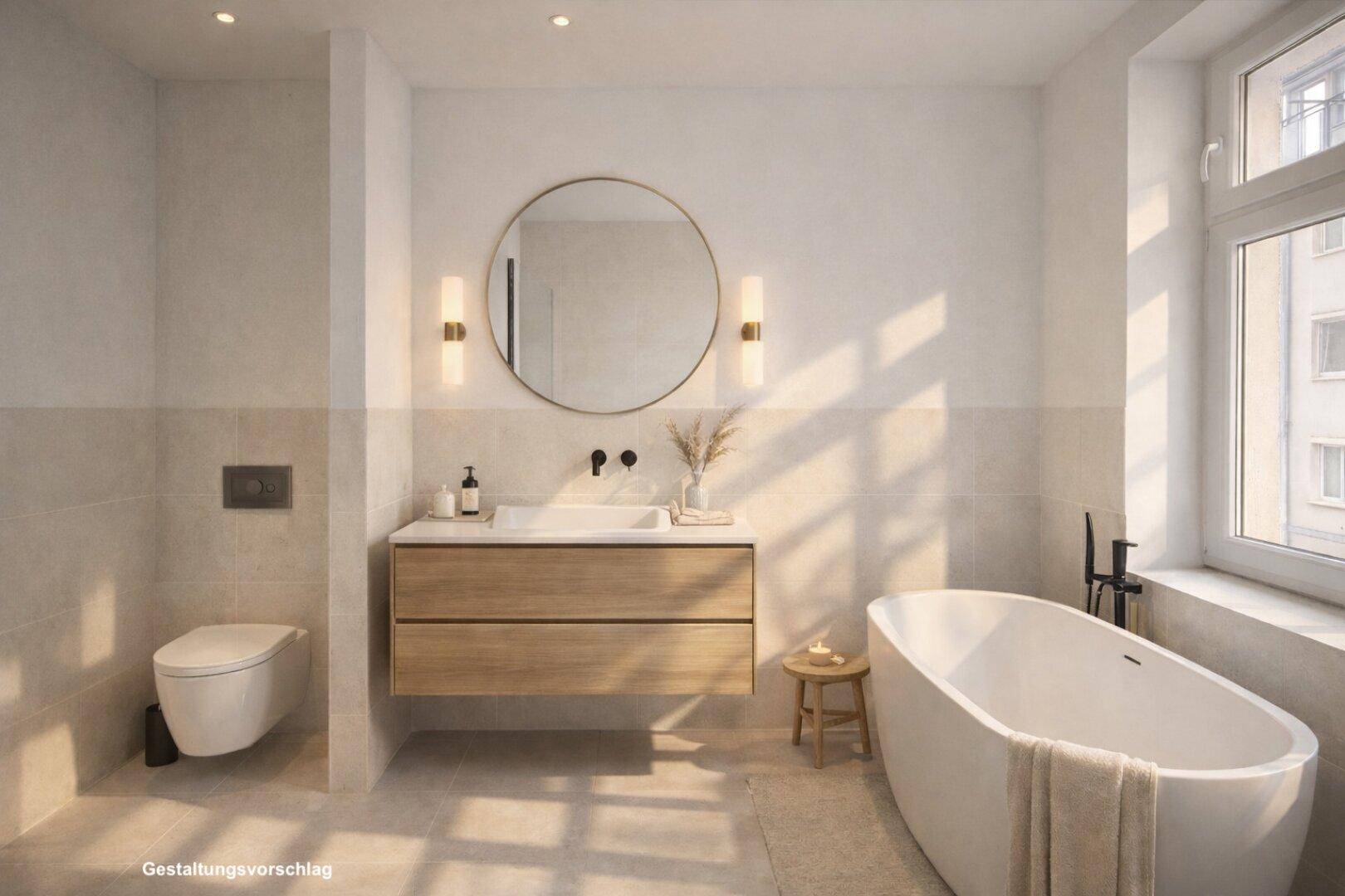 Helles Badezimmer mit freistehender Badewanne, modernem Waschtisch und Fenster.