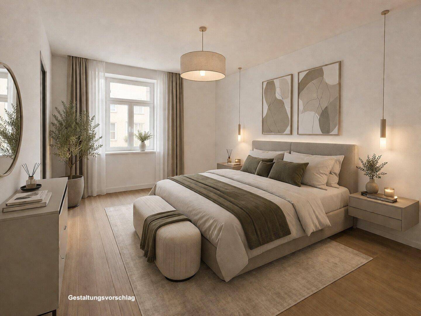 Modernes Schlafzimmer mit großem Bett, Holzboden und stilvoller Beleuchtung, hell und einladend.