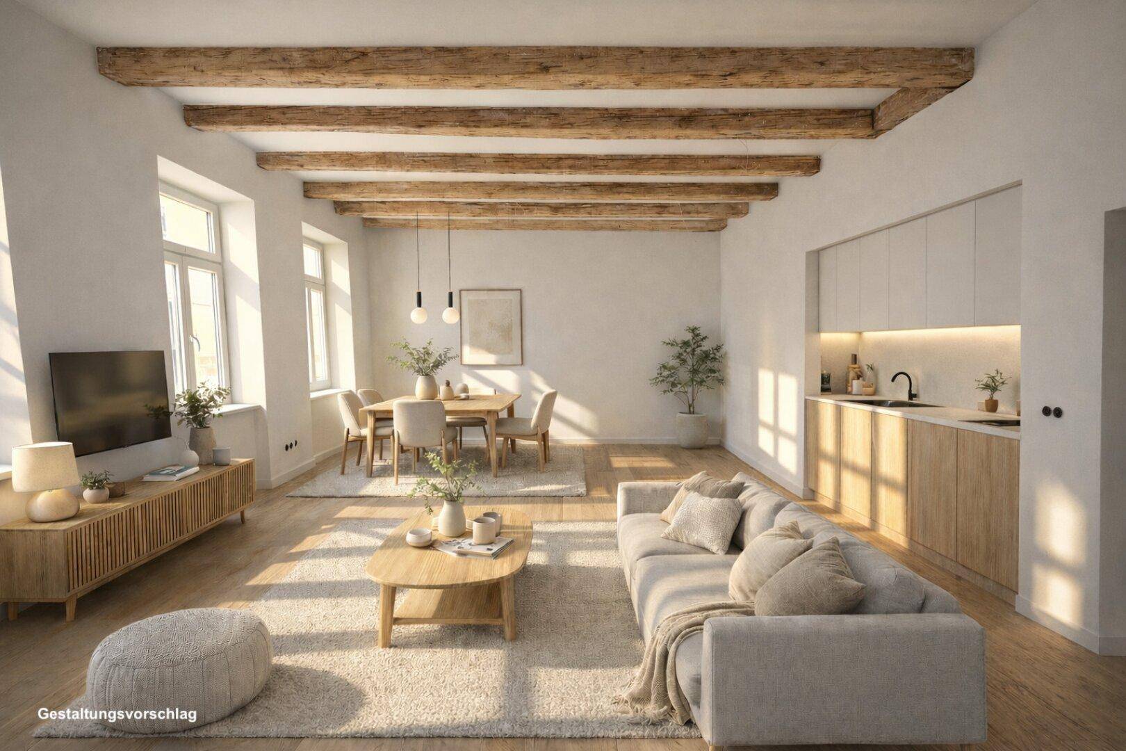 Heller offener Wohn-Essbereich mit Holzbalken, moderner Küchenzeile und viel Tageslicht.