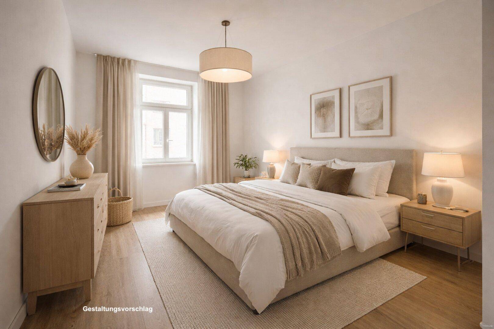 Gemütliches Schlafzimmer mit hellem Holzboden, großem Bett und dezenter Dekoration, sehr einladend.