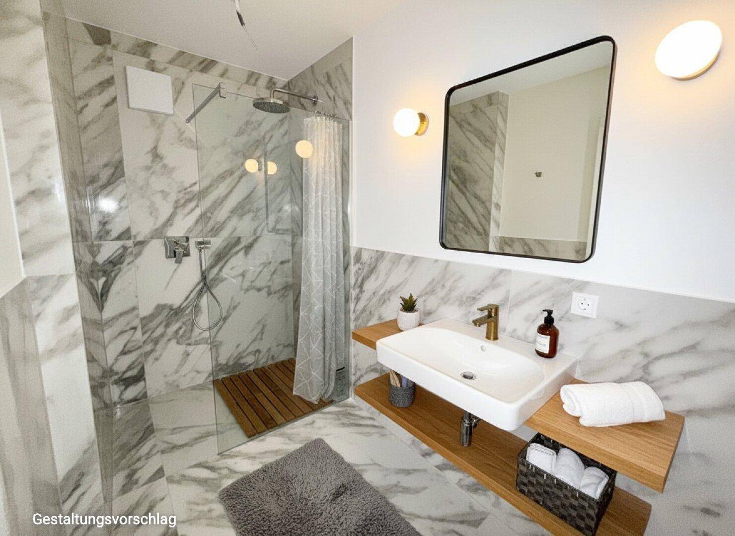Modernes Badezimmer mit Marmorfliesen, begehbarer Dusche und stilvollem Einzelwaschbecken.