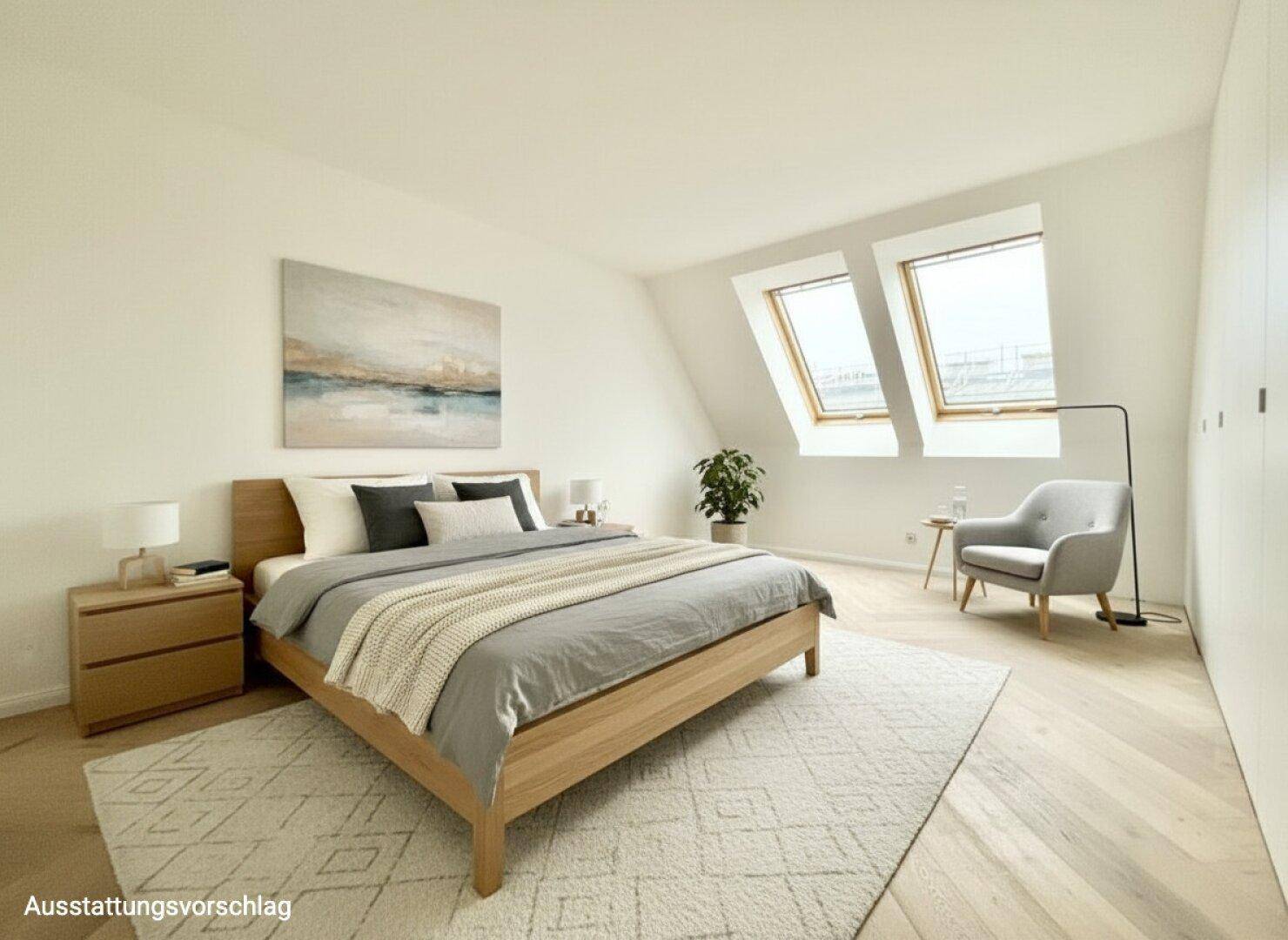 Gemütliches Schlafzimmer mit Holzbett, Dachschrägen und zwei Dachfenstern für viel Licht.