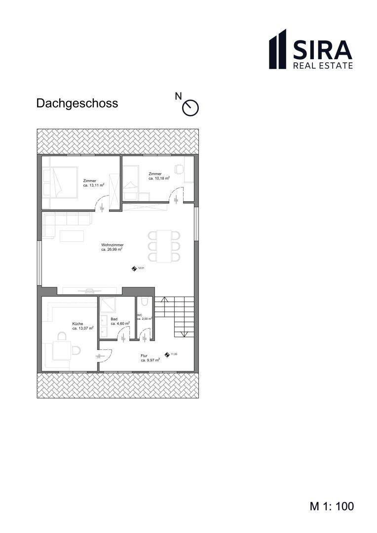 Grundriss des Dachgeschosses mit Wohnbereich, Schlafzimmern und Bad.