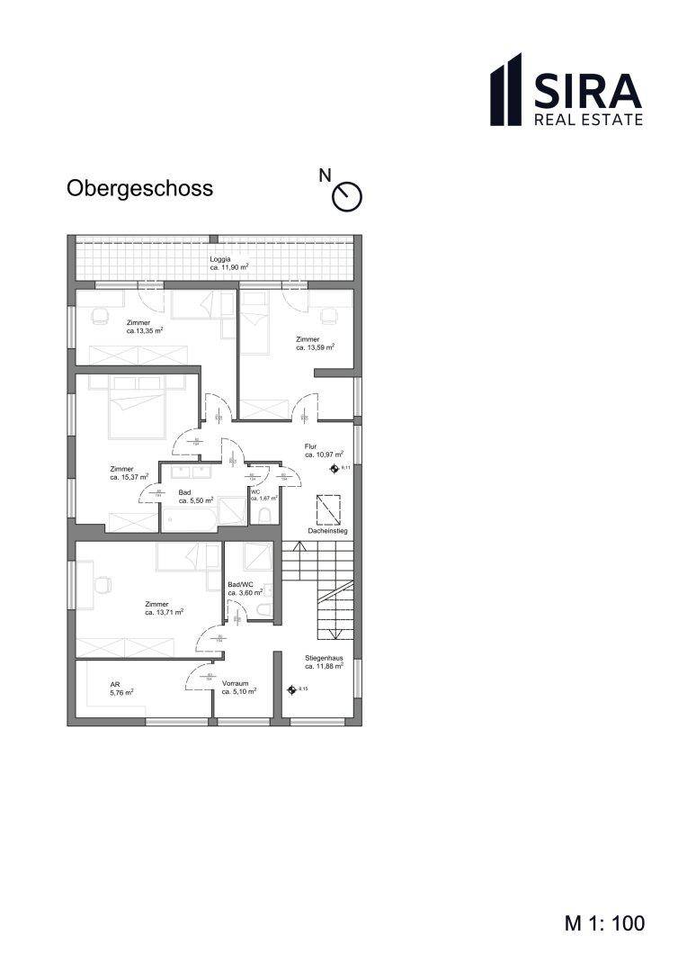 Grundriss des Obergeschosses mit mehreren Zimmern, Bädern und Loggia.