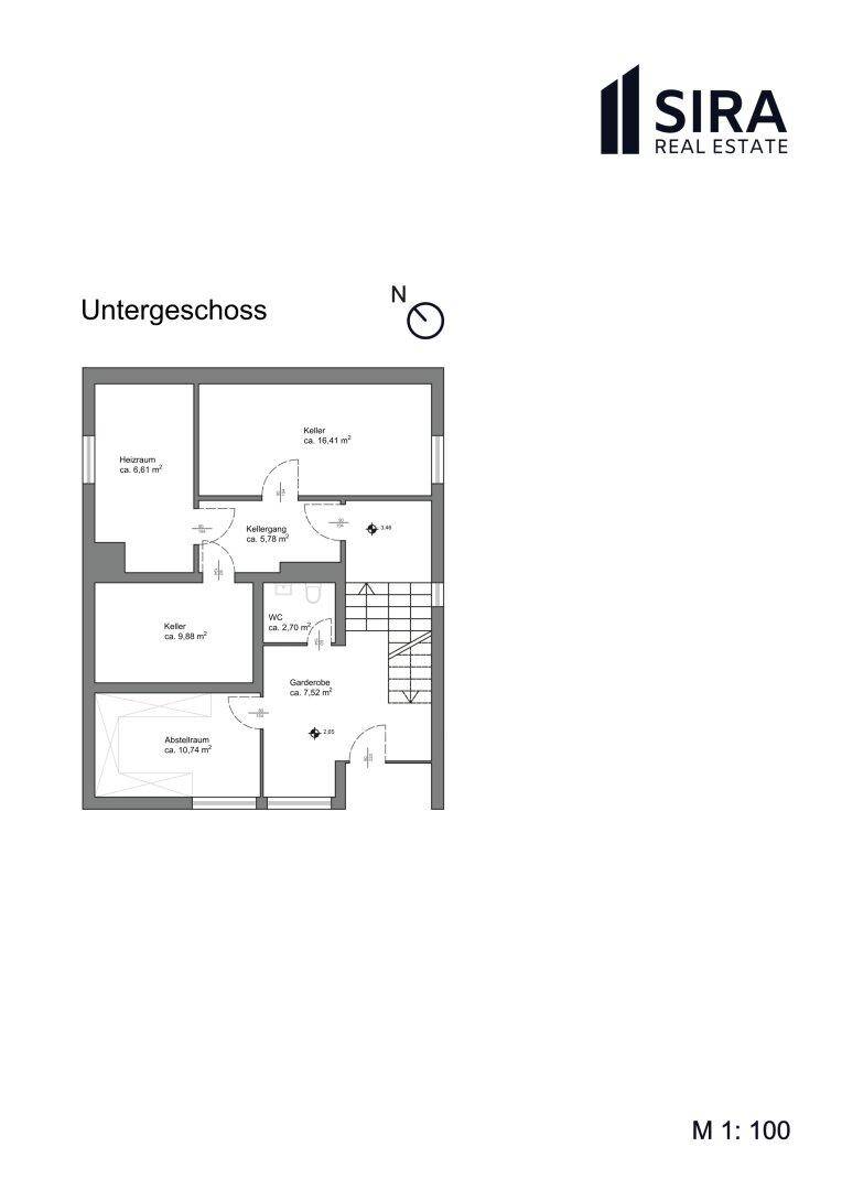 Grundriss des Untergeschosses mit Keller, Heizraum und Abstellräumen.