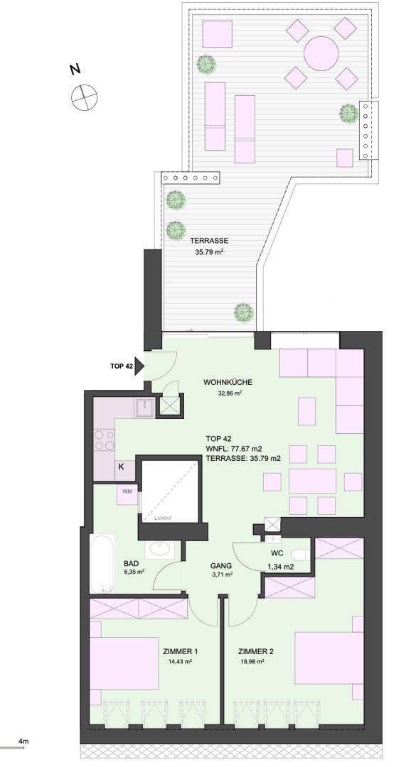 Grundriss der Wohnung TOP 42 mit Wohnküche, zwei Zimmern und großer Terrasse.