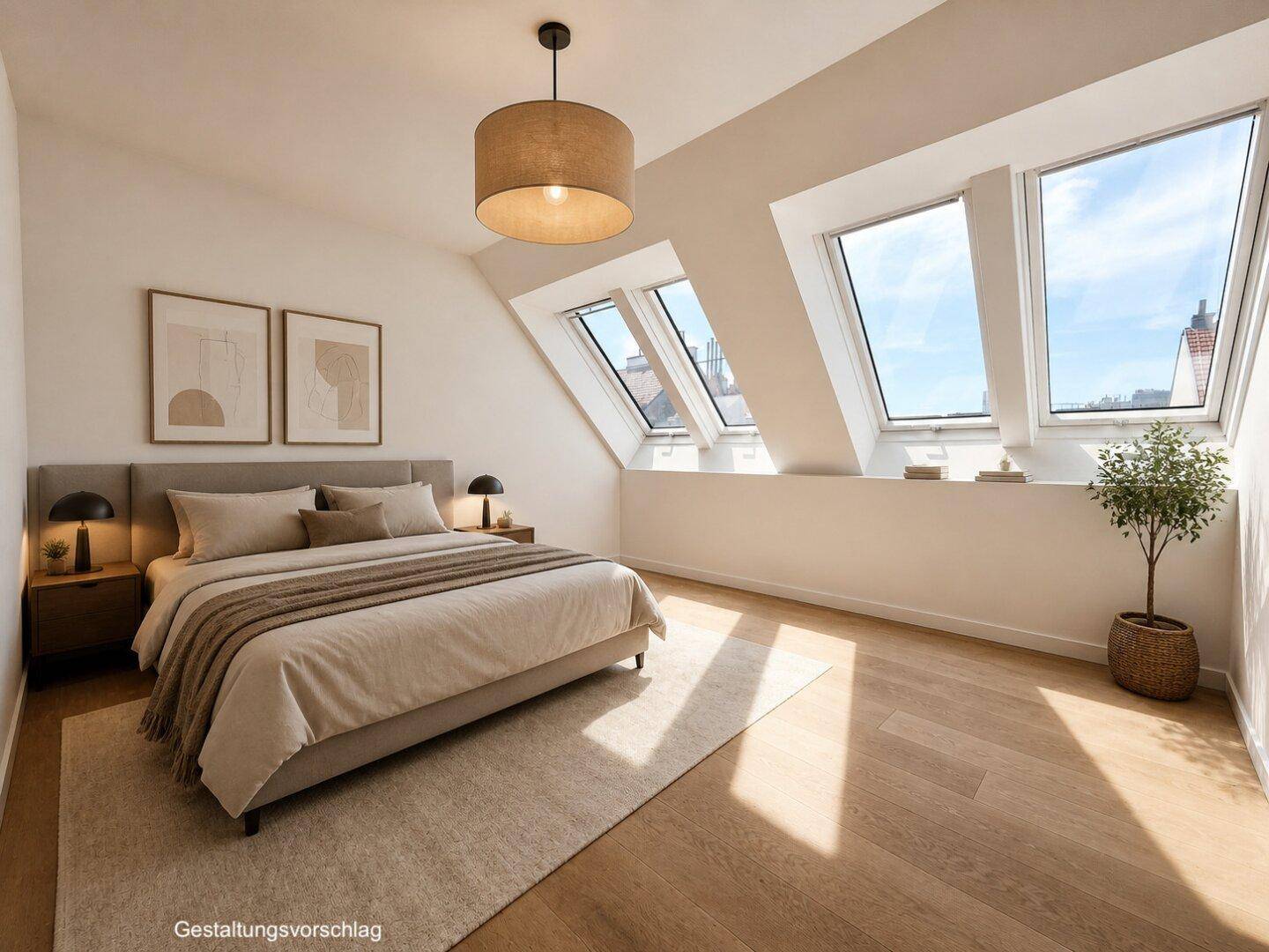 Gemütliches Schlafzimmer im Dachgeschoss mit schrägen Wänden und großen Dachfenstern.