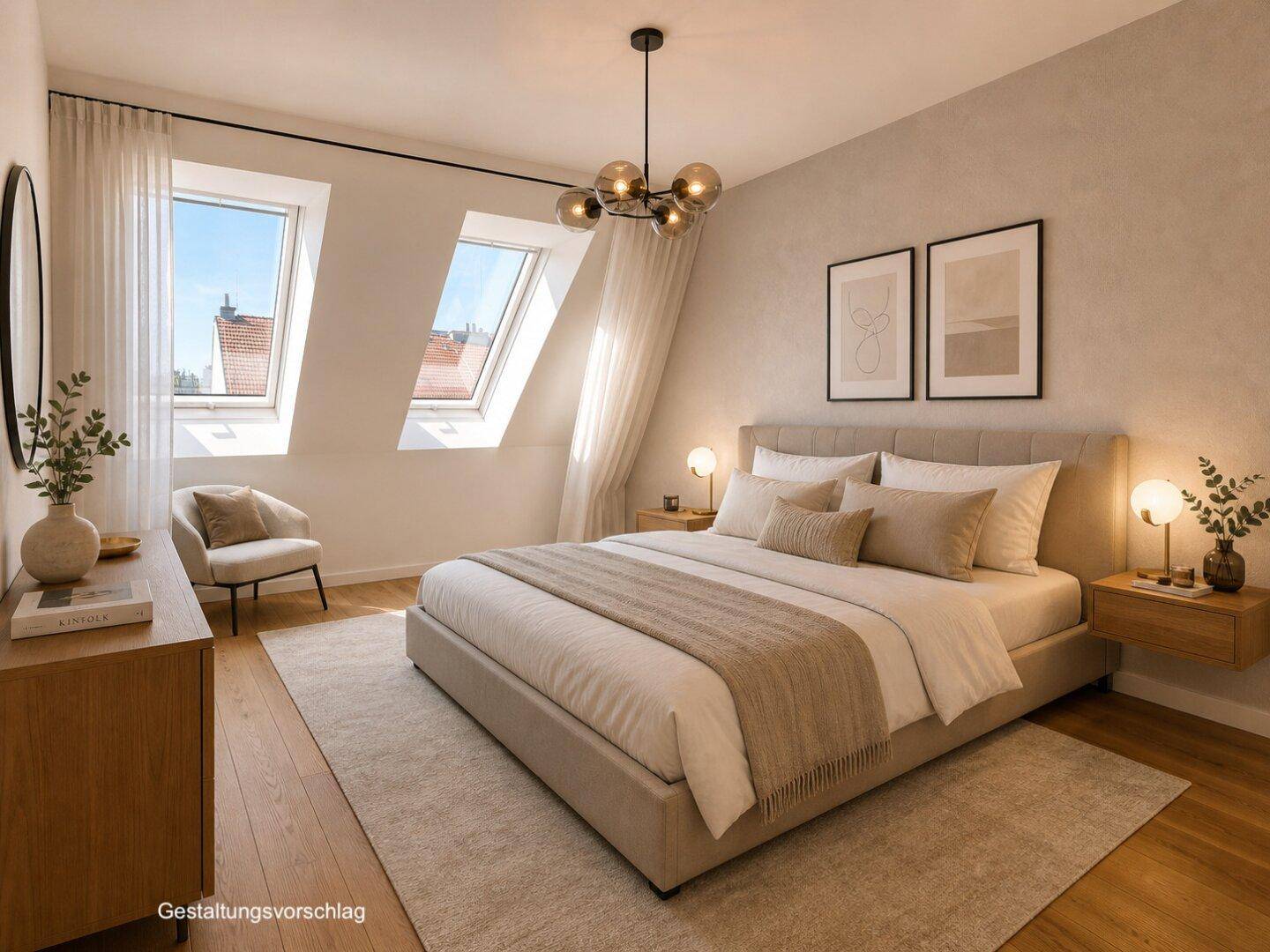 Helles Schlafzimmer mit Holzboden, modernen Möbeln und schrägen Wänden mit Dachfenstern.