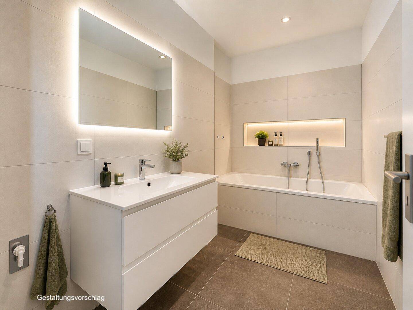 Modernes Badezimmer mit Badewanne, beleuchtetem Spiegel und großformatigen Fliesen.