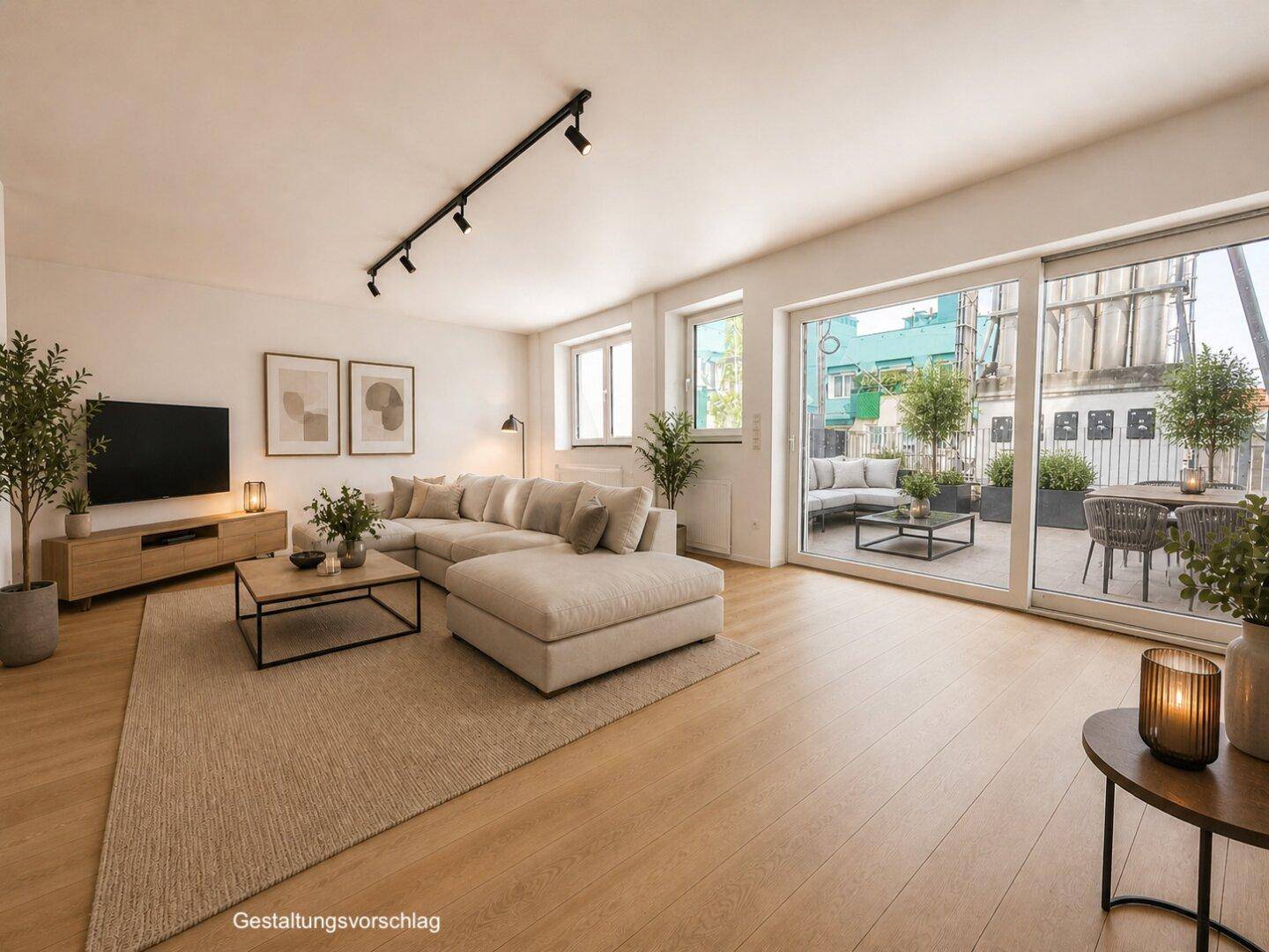 Helles Wohnzimmer mit modernem Design, Holzboden und direktem Zugang zur Dachterrasse.