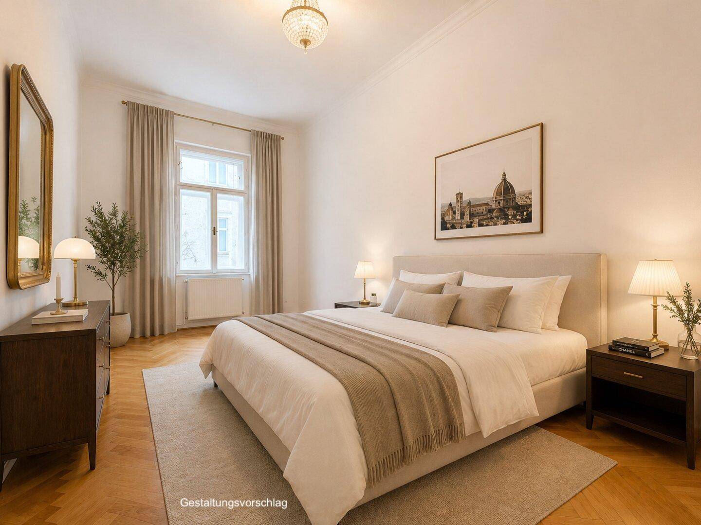 Gemütliches Schlafzimmer mit klassischem Fischgrätparkett, hohen Decken und einem großen Fenster, als Gestaltungsvorschlag.