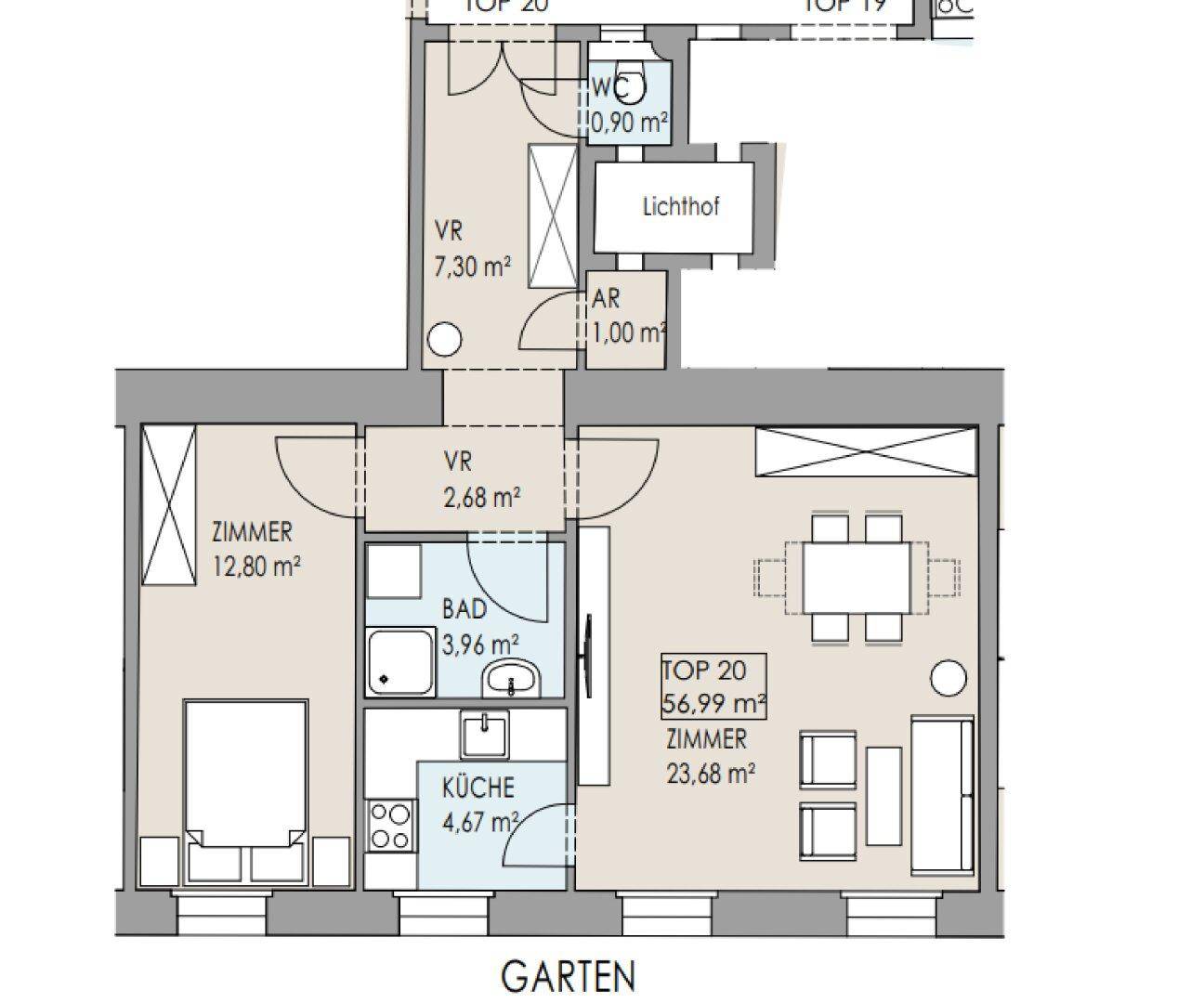 Detaillierter Grundriss einer Wohnung mit Zimmern, Bad, WC und Gartenbereich.