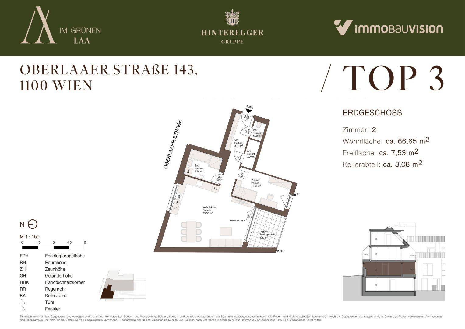 Grundriss der Erdgeschosswohnung Top 3 mit zwei Zimmern, Freifläche und Kellerabteil.