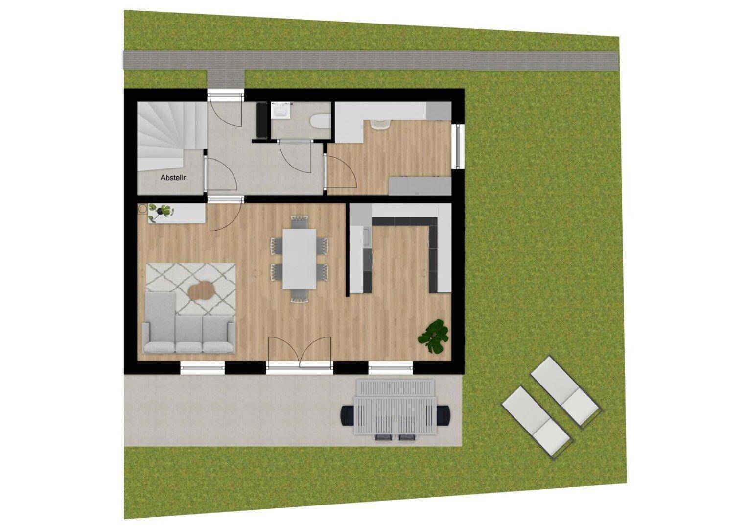 Grundriss des Erdgeschosses mit offenem Wohn-, Ess- und Küchenbereich sowie Terrasse.