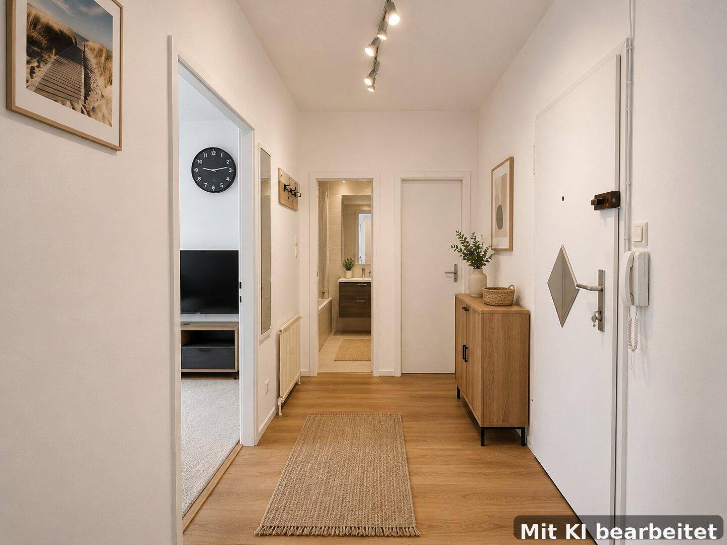 Heller Flur mit Holzfußboden, Garderobe und Zugang zu weiteren Räumen.