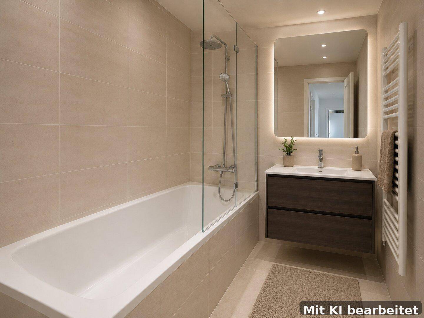 Modernes Badezimmer mit Badewanne, Duschabtrennung aus Glas und beleuchtetem Spiegel.