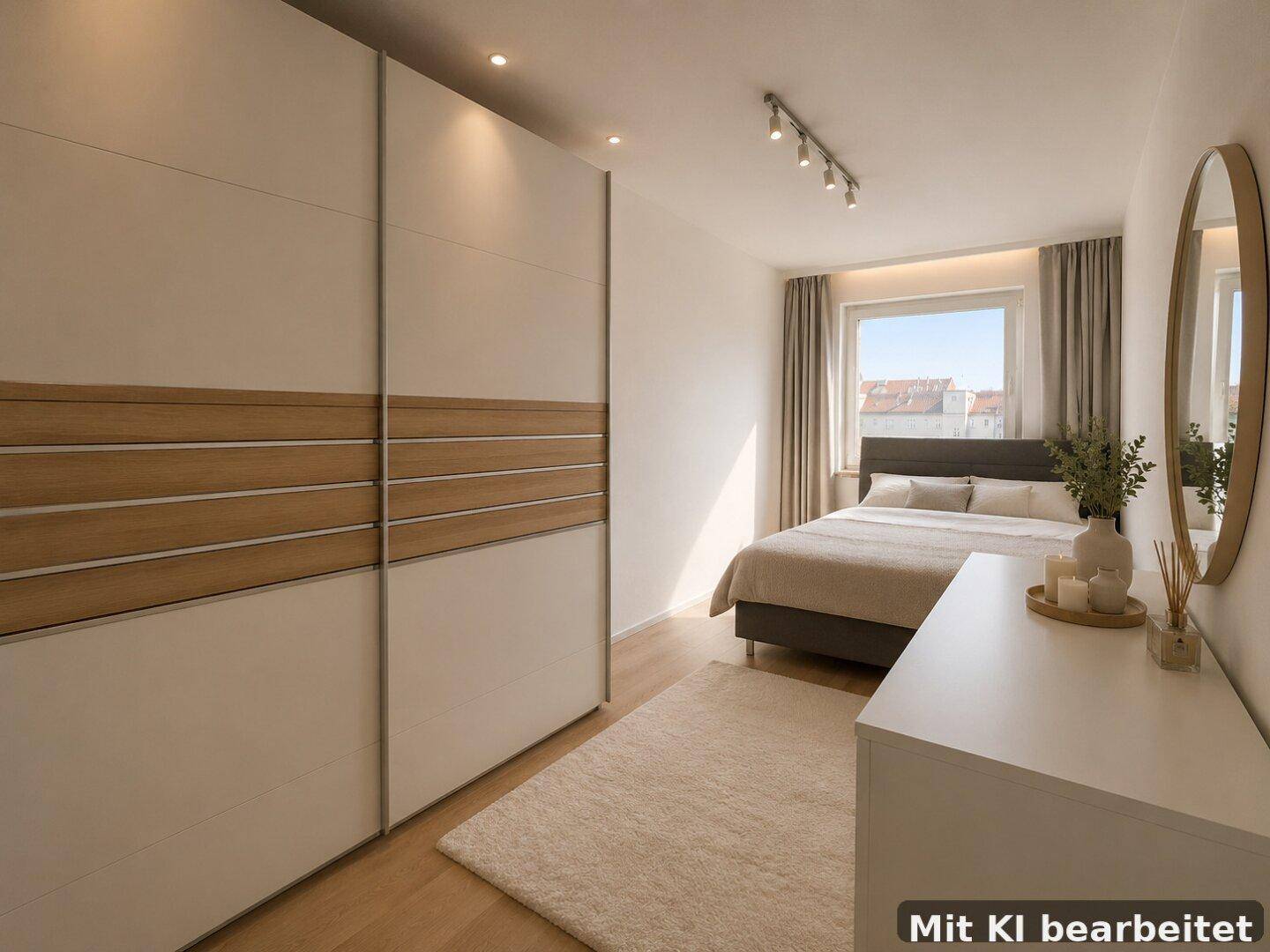 Modernes Schlafzimmer mit großem Kleiderschrank, Doppelbett und Fenster mit Vorhängen.