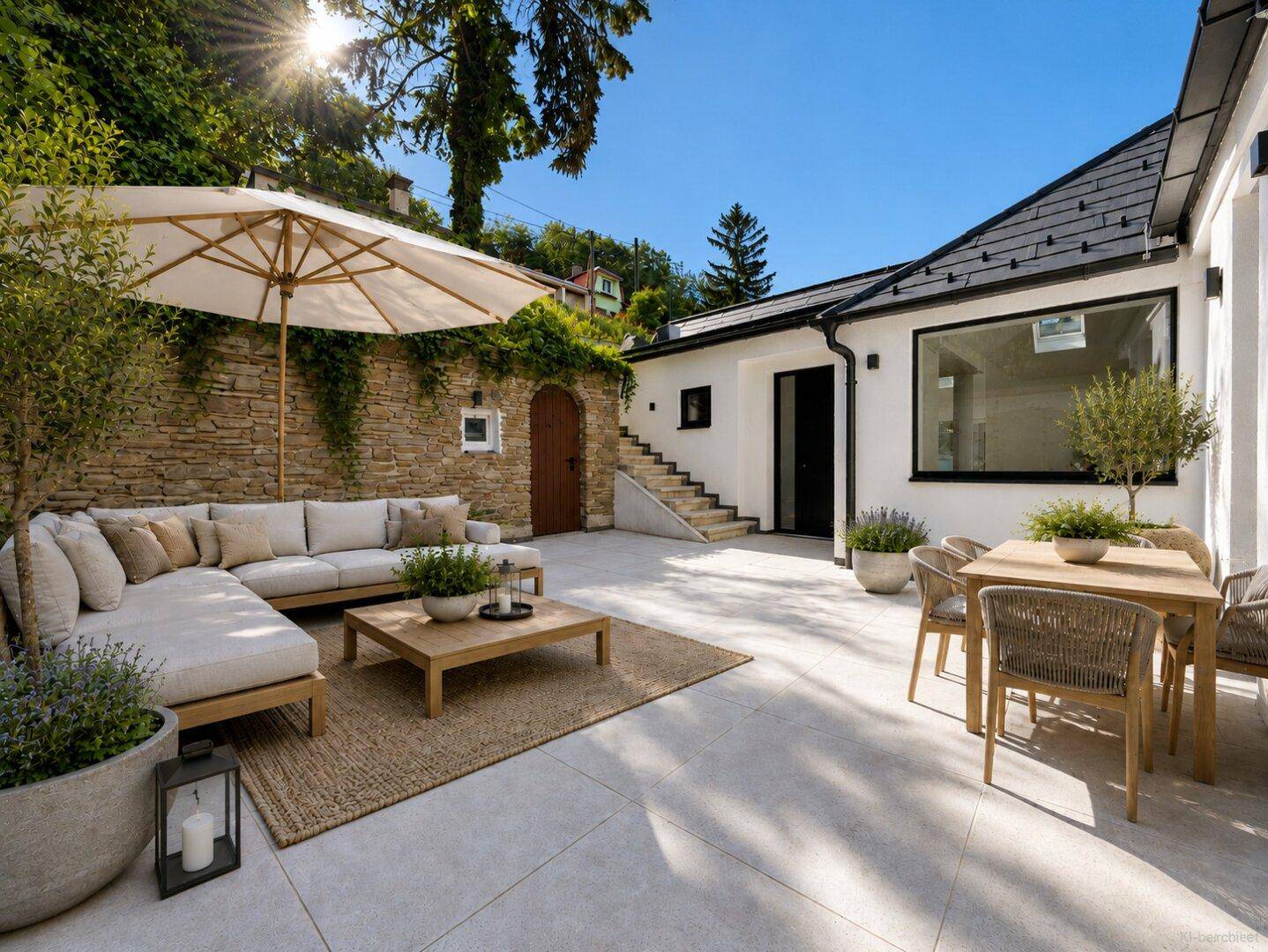 Gemütliche Terrasse mit Loungemöbeln, Esstisch und Sonnenschirm, umgeben von Natursteinmauer.